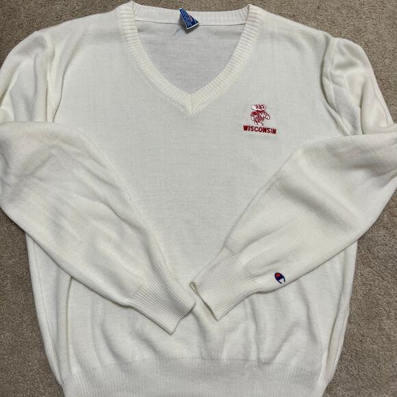 Vintage Champion Wisconsin Badgers White V-Neck Sweater XL - Picture 1 of 7